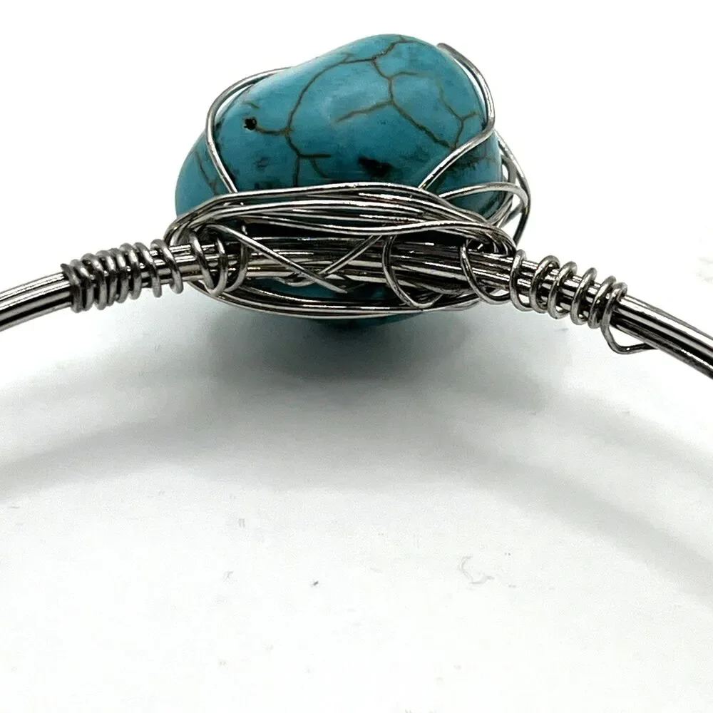 Jules C Turquoise Look Wire Wrapped Bangle Bracelet Boho Artisan Silver Tone
